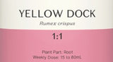 Supplement facts for Yellow Dock 1:1 listing ingredients including Yellow dock (Rumex crispus)
