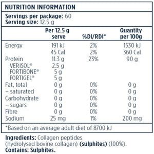 Ingredients: Verisol, Fortibone, Fortigel, Sulphites, Collagen peptides(hydrolysed bovine collagen)