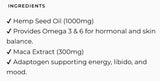 Supplement facts for Hormone Harmony Refill Pouch  (Previously Hempseed Oil and Maca) listing ingredients including Hemp Seed Oil, Maca extract