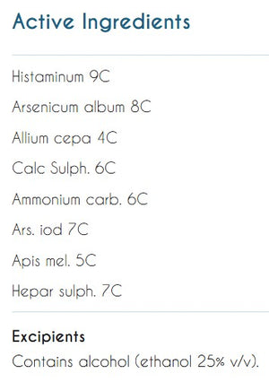 Supplement facts for Acute Allergy Ease listing ingredients including Arsenicum Album, Calcium, Ethanol, Histaminum Muriaticum, Onion (Allium Cepa)