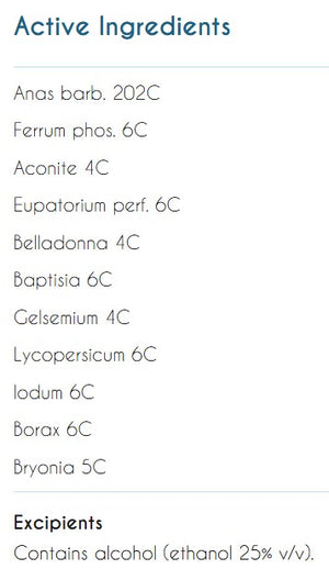 Supplement facts for Acute ANAS B listing ingredients including Aconite, Baptisia Tinctoria, Belladonna, Boneset, Borax