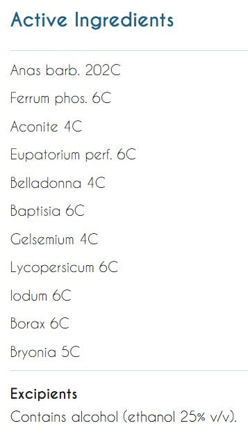 Supplement facts for Acute ANAS B listing ingredients including Aconite, Baptisia Tinctoria, Belladonna, Boneset, Borax