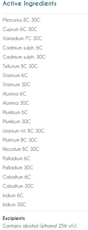 Supplement facts for Acute Metal Chel8 listing ingredients including Ethanol, Vanadium