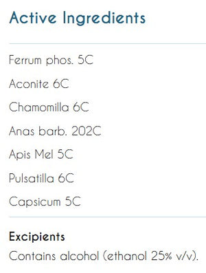 Supplement facts for Acute Sore Throat listing ingredients including Aconite, Anas Barbariensis, Capsicum annum, Cayenne pepper, Chamomile