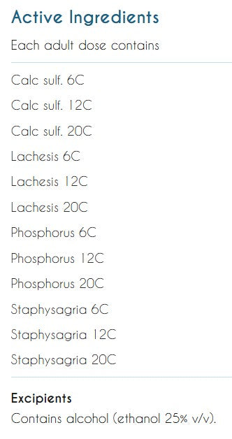 Supplement facts for Genesis Expression & Freewill listing ingredients including Lachesis, Phosphorus