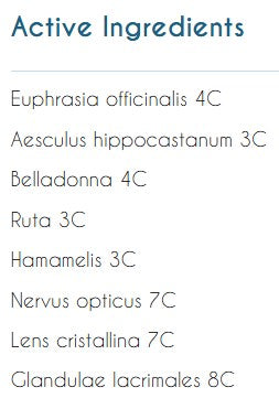 Supplement facts for Organo Vision listing ingredients including Belladonna, Euphrasia Officinalis, Ruta Graveolens