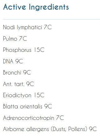 Supplement facts for Organo Respiratory listing ingredients including Phosphorus