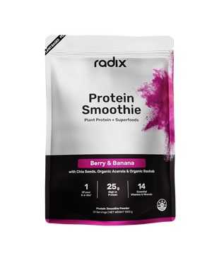 A supplement container of Plant Protein Smoothies by Radix Nutrition