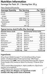 Supplement facts for Whey Protein DIAAS Complex 1.61 listing ingredients including Bovine immunoglobulin concentrate, Cocoa Powder, Guar Gum, Immunoglobulins, Monk Fruit Extract