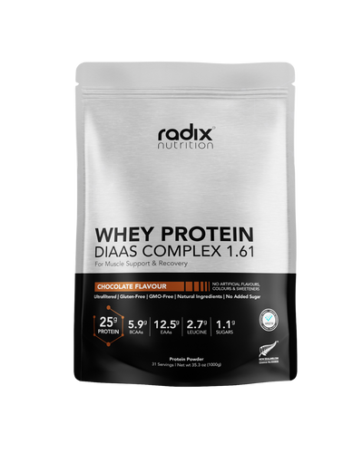 A supplement container of Whey Protein DIAAS Complex 1.61 by Radix Nutrition