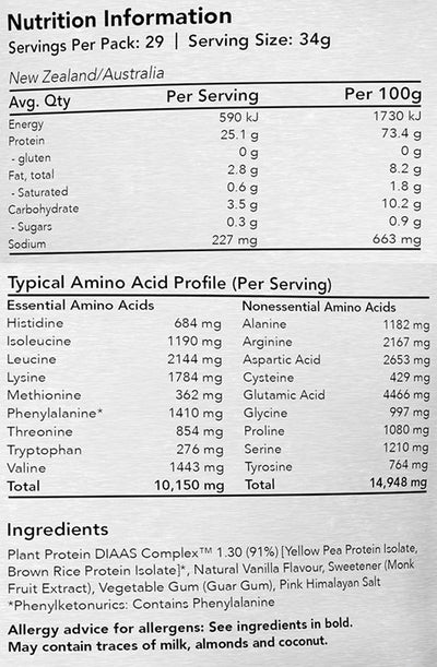 Supplement facts for Plant Protein DIAAS Complex 1.30 1kg (Vanilla) listing ingredients including Guar Gum, Monk Fruit Extract, Palmitoylethanolamide (PEA / Palmidrol), Phenylalanine, Protein Pea
