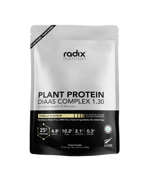 A supplement container of Plant Protein DIAAS Complex 1.30 1kg (Vanilla) by Radix Nutrition
