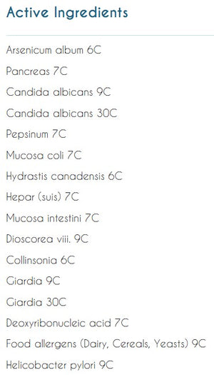 Supplement facts for Organo Bowel Digest listing ingredients including Arsenicum Album, Candida Albicans, Chinese Yam, Collinsonia Canadensis, Dairy