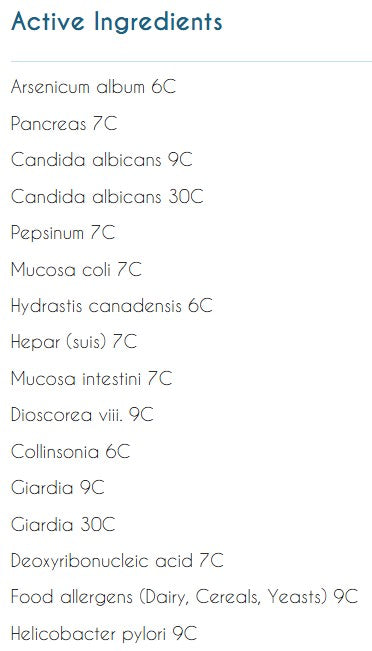 Supplement facts for Organo Bowel Digest listing ingredients including Arsenicum Album, Candida Albicans, Chinese Yam, Collinsonia Canadensis, Dairy