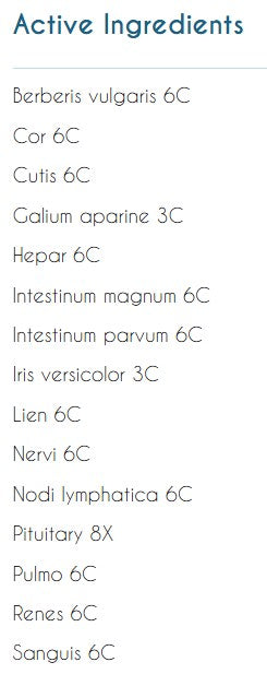 Supplement facts for Organo Drainage listing ingredients including Berberis vulgaris, Blue Flag, Galium Aparine, Hepar Sulphuris Calcareum