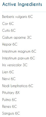 Supplement facts for Organo Drainage listing ingredients including Berberis vulgaris, Blue Flag, Galium Aparine, Hepar Sulphuris Calcareum