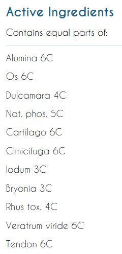 Supplement facts for Organo Joint listing ingredients including Cimicifuga Racemosa, Poison Ivy (Rhus Toxicodendron), Veratrum Viride, White Bryony