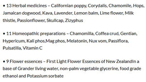 Supplement facts for SleepDrops for Adults listing ingredients including Chamomile, Corydalis Turtschinovii, Ethanol, First Light Flower Essences Of New Zealand, Gentian Extract