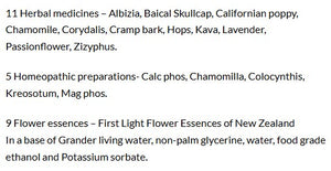 Supplement facts for SleepDrops for Babies listing ingredients including Albizia julibrissin, Chamomile, Corydalis Turtschinovii, Cramp Bark, First Light Flower Essences Of New Zealand