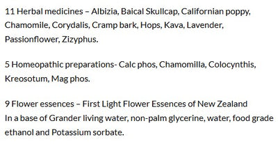 Supplement facts for SleepDrops for Babies listing ingredients including Albizia julibrissin, Chamomile, Corydalis Turtschinovii, Cramp Bark, First Light Flower Essences Of New Zealand