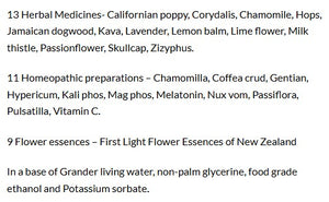 Supplement facts for SleepDrops for Kids listing ingredients including Chamomile, Coffea cruda, Corydalis Turtschinovii, Ethanol, First Light Flower Essences Of New Zealand