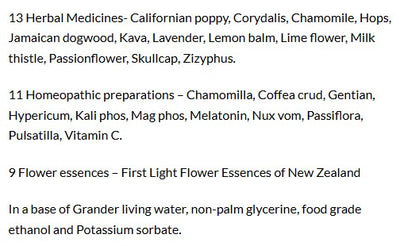 Supplement facts for SleepDrops for Kids listing ingredients including Chamomile, Coffea cruda, Corydalis Turtschinovii, Ethanol, First Light Flower Essences Of New Zealand