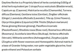 Supplement facts for SleepDrops Daytime Revive listing ingredients including Ashwagandha, Ashwagandha (Withania somnifera), Bladderwrack, Bladderwrack thallus, Capsicum annum
