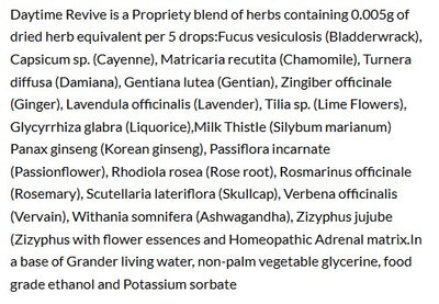 Supplement facts for SleepDrops Daytime Revive listing ingredients including Ashwagandha, Ashwagandha (Withania somnifera), Bladderwrack, Bladderwrack thallus, Capsicum annum