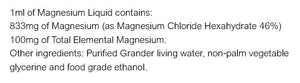 Supplement facts for SleepDrops Magnesium Liquid listing ingredients including Ethanol, Glycine, Magnesium, Magnesium chloride hexahydrate