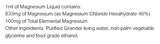 Supplement facts for SleepDrops Magnesium Liquid listing ingredients including Ethanol, Glycine, Magnesium, Magnesium chloride hexahydrate