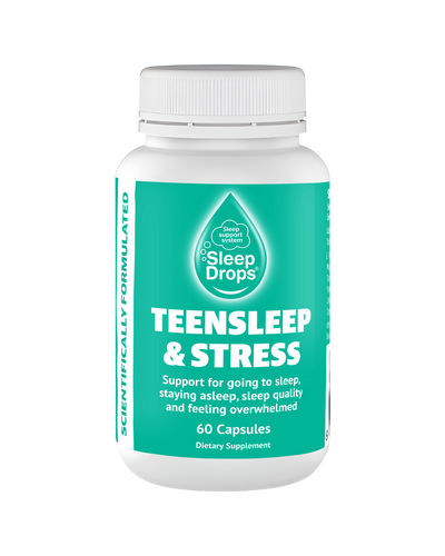 A supplement container of SleepDrops TeenSleep & Stress by SleepDrops