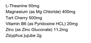 Supplement facts for SleepDrops TeenSleep & Stress listing ingredients including Jujube (Ziziphus), Magnesium, Magnesium chloride hexahydrate, Tart cherry (Prunus cerasus), Theanine (L-Theanine)