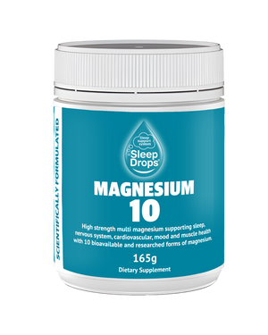 A supplement container of SleepDrops Magnesium 10 by SleepDrops