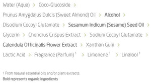 Supplement facts for Calendula Baby Shampoo & Body Wash listing ingredients including Calendula Extract, Cetyl Alcohol, Glycine, Helichrysum Hydrosol, Indian Frankincense Extract