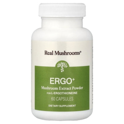 A Supplement container with the name ERGO by Real Mushrooms.