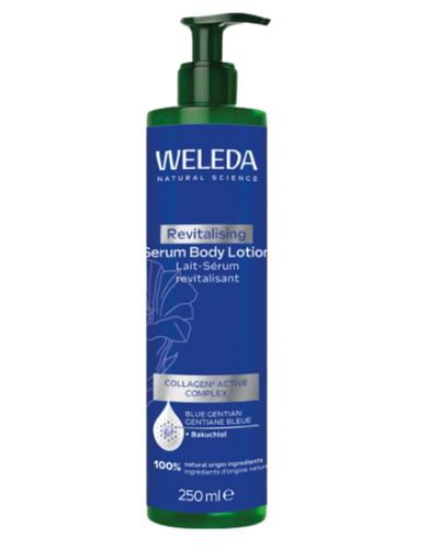 A supplement container of Blue Gentian Revitalising Serum Body Lotion by Weleda