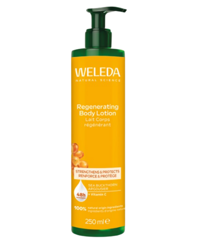 A supplement container of Sea Buckthorn Regenerating Body Lotion by Weleda
