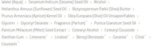 Supplement facts for Sea Buckthorn Regenerating Body Lotion listing ingredients including Apricot Kernel Oil, Cetyl Alcohol, Coumarin, Glyceryl Stearate SE, Glycine