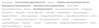 Supplement facts for Wild Rose Smoothing Lotion listing ingredients including A-Pinene, Alpha lipopic acid R from, Alpha-Pinene, Alpha-Terpinene, Apricot (Prunus Armenica)