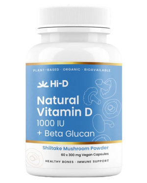 A supplement container of Natural Vitamin D 1000IU + Beta-Glucan by Hi-D