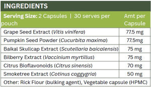 Supplement facts for Neurostrol listing ingredients including Bilberry, Bilberry fruit dry (Vaccinium myrtillus), Citrus Aurantium, Citrus Bioflavonoids extract, Cotinus coggygria