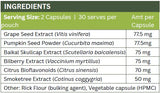 Supplement facts for Neurostrol listing ingredients including Bilberry, Bilberry fruit dry (Vaccinium myrtillus), Citrus Aurantium, Citrus Bioflavonoids extract, Cotinus coggygria