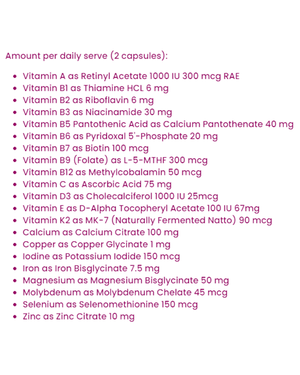 Supplement facts for Women’s Multi + Iron listing ingredients including Ascorbic Acid, Biotin, Calcium, Calcium Pantothanate, Calcium citrate