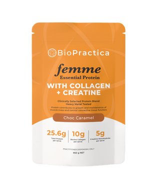 A supplement container of Femme Essential Protein by Bio-Practica