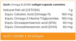Supplement facts for Omega Eleven listing ingredients including DHA, Docosahexaenoic acid, EPA, Eicosapentaenoic acid, Fish Oil