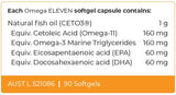 Supplement facts for Omega Eleven listing ingredients including DHA, Docosahexaenoic acid, EPA, Eicosapentaenoic acid, Fish Oil