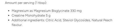 Supplement facts for Creatine & Magnesium listing ingredients including Citric Acid, Creatine Monohydrate, Magnesium bisglycinate, Stevia leaf (Stevia rebaudiana)