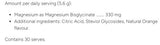 Supplement facts for Magnesium Restore Powder listing ingredients including Citric Acid, Magnesium bisglycinate, Orange Juice Powder, Stevia leaf (Stevia rebaudiana)