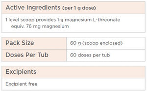 Supplement facts for Magnesium Threonate 60g listing ingredients including Magnesium, Magnesium l-threonate