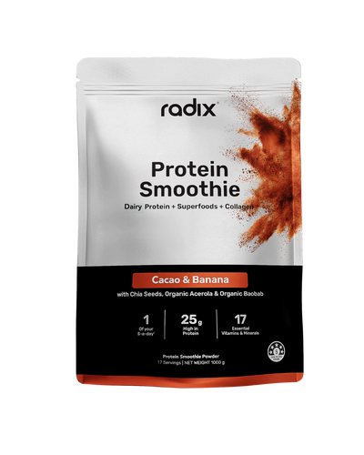 A supplement container of Dairy Protein Smoothie 1kg (Cacao & Banana) by Radix Nutrition